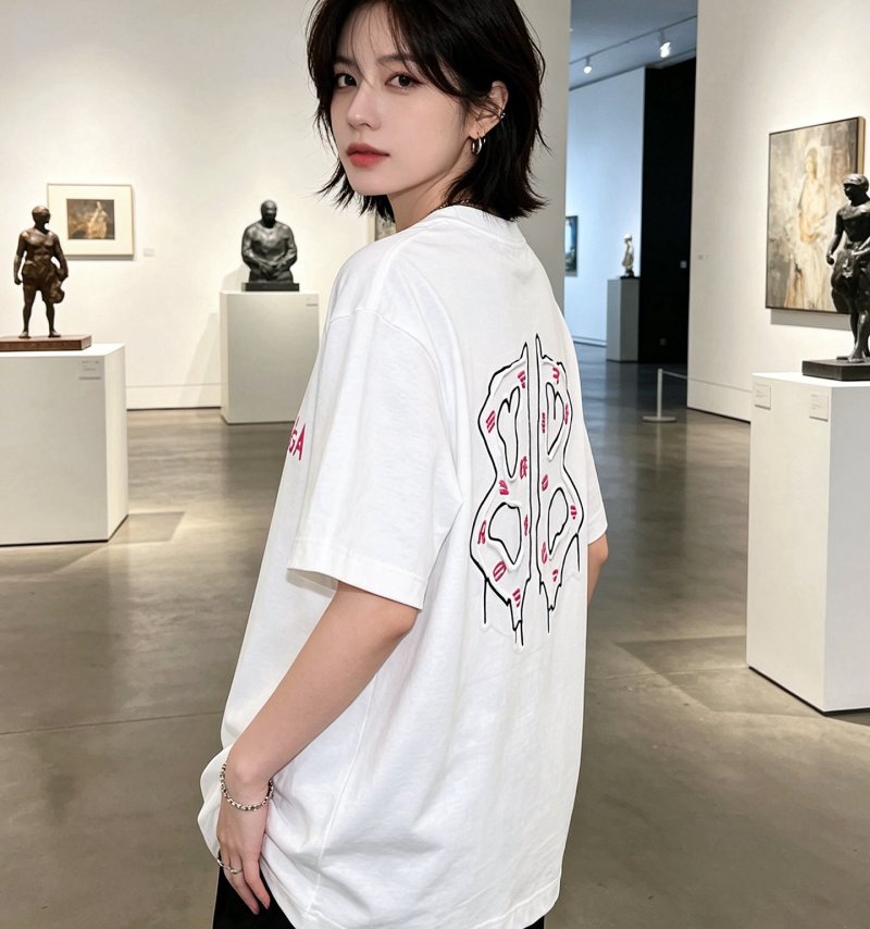 White Oversized T-Shirt with Abstract Line Art Graphic Print view