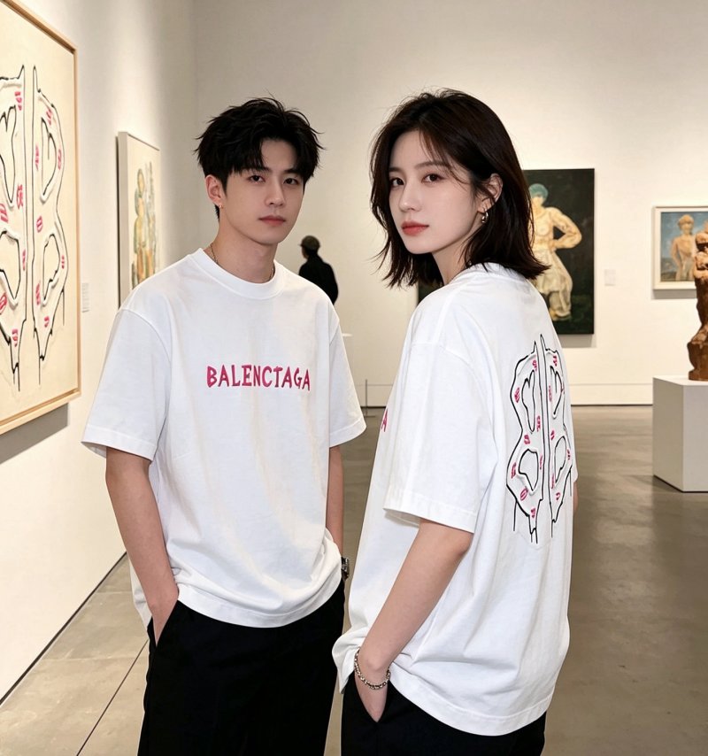 White Oversized T-Shirt with Abstract Line Art Graphic Print view