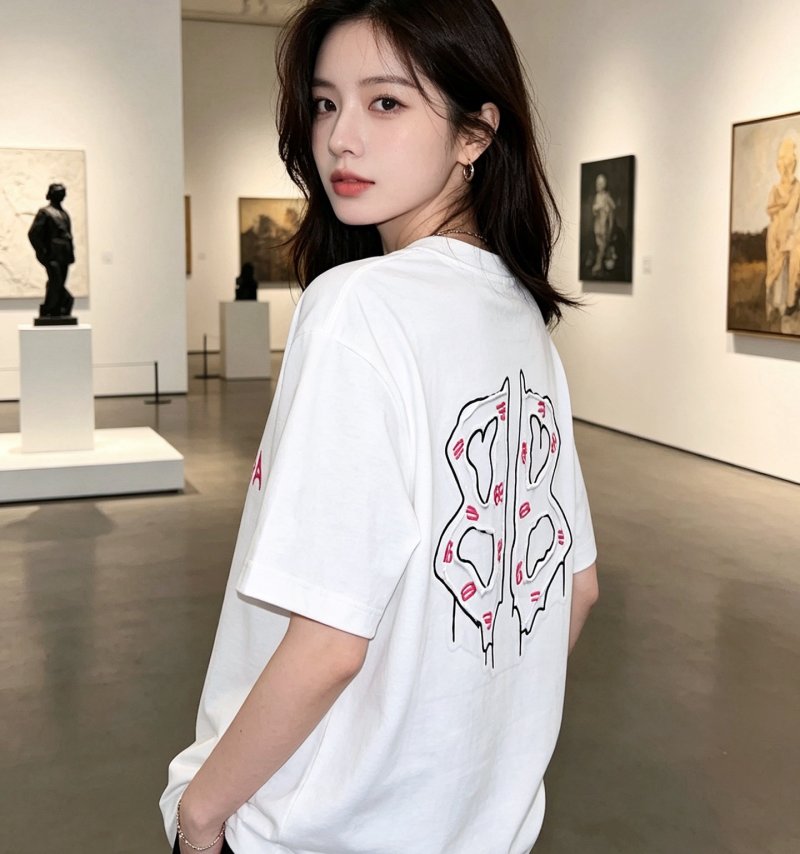 White Oversized T-Shirt with Abstract Line Art Graphic Print view