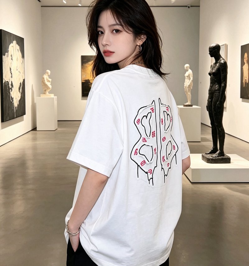 White Oversized T-Shirt with Abstract Line Art Graphic Print view