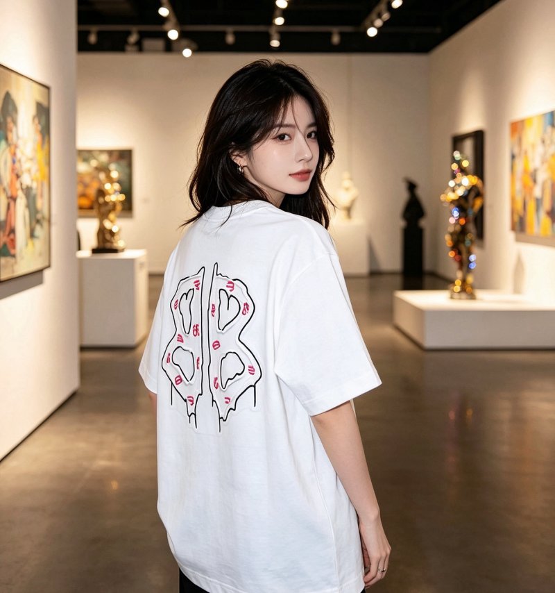 White Oversized T-Shirt with Abstract Line Art Graphic Print view