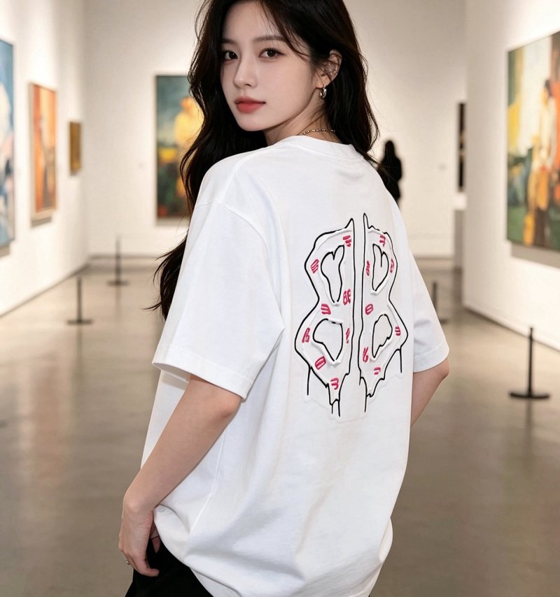 White Oversized T-Shirt with Abstract Line Art Graphic Print view