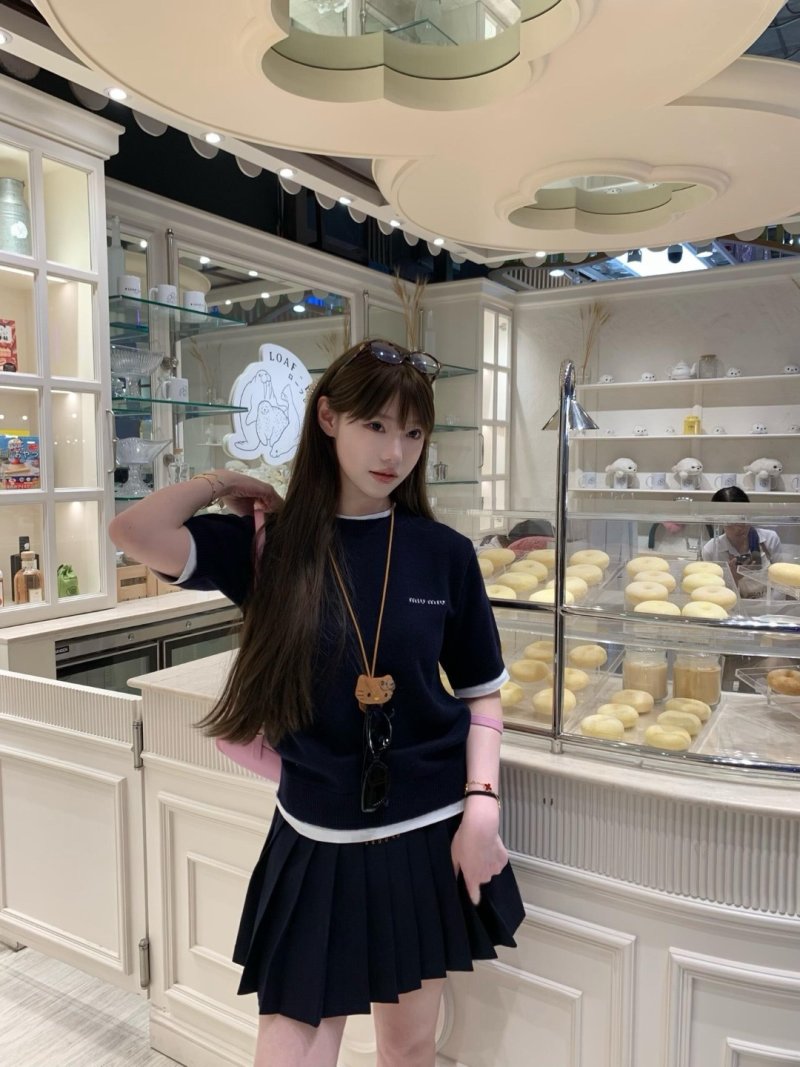 Miu Miu Navy Short Sleeve T-Shirt with White Trim view