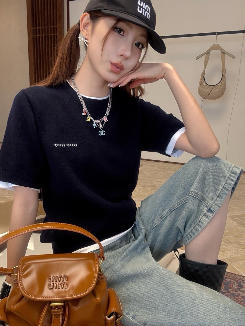 Miu Miu Navy Short Sleeve T-Shirt with White Trim view