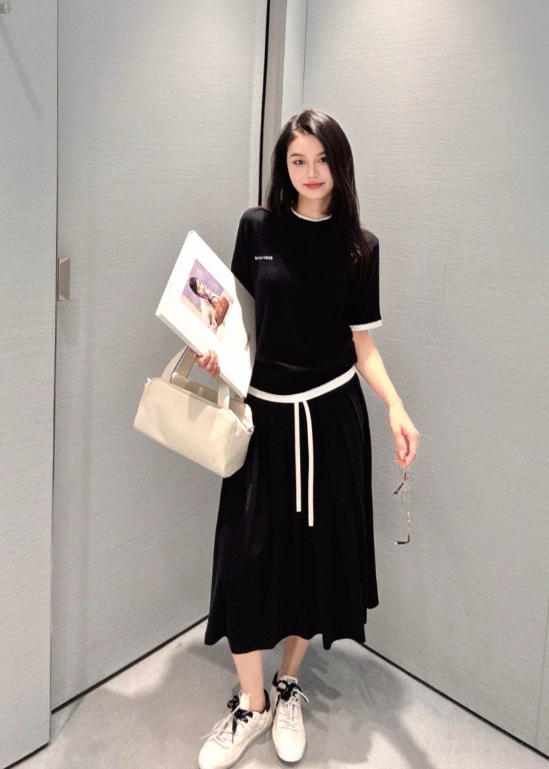 Miu Miu Navy Short Sleeve T-Shirt with White Trim view