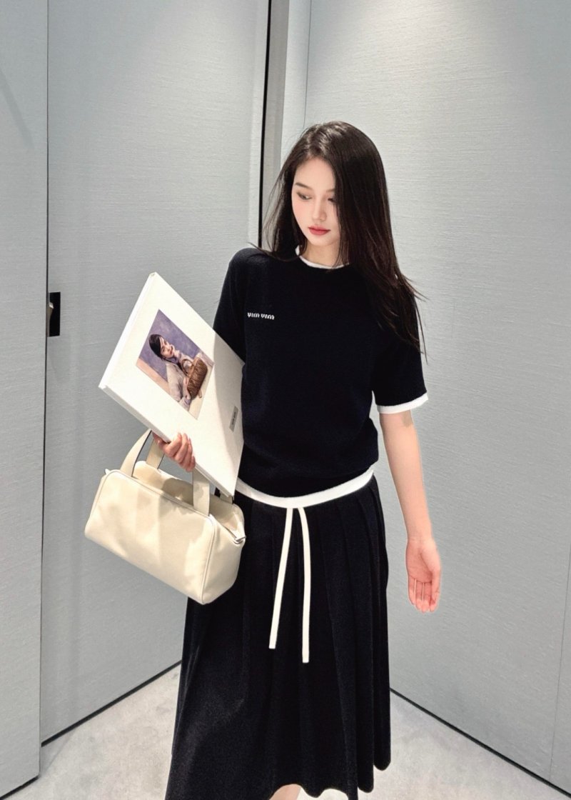 Miu Miu Navy Short Sleeve T-Shirt with White Trim view