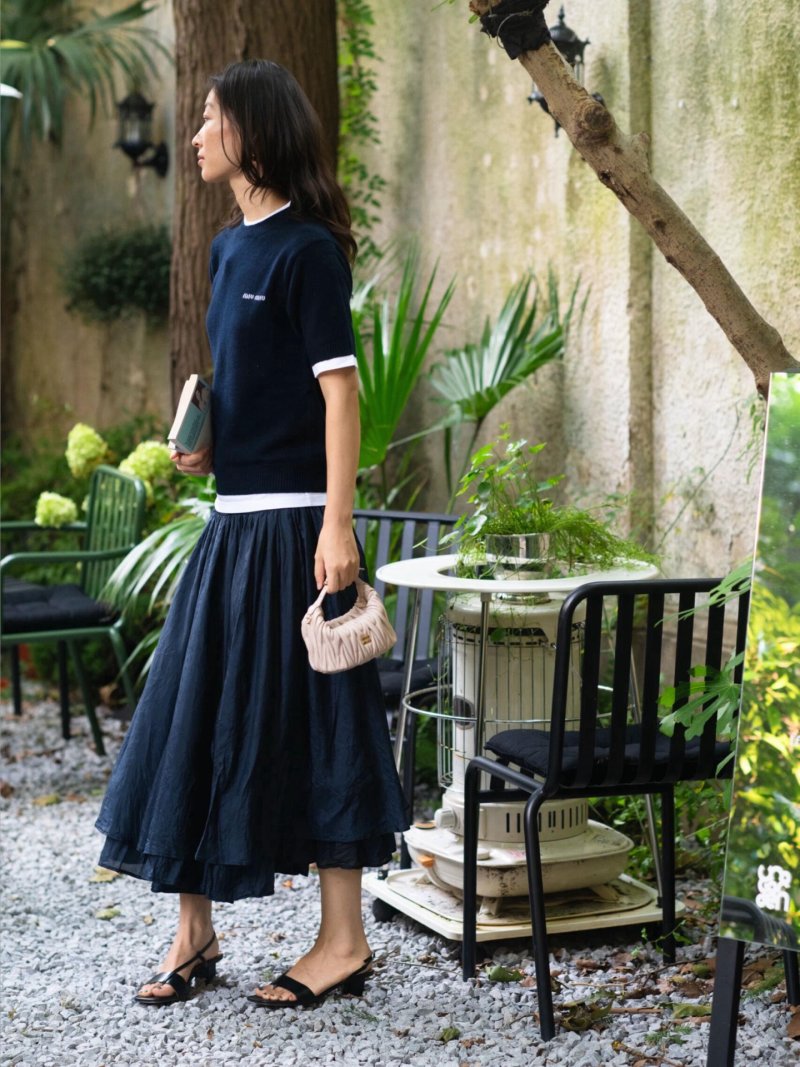 Miu Miu Navy Short Sleeve T-Shirt with White Trim view