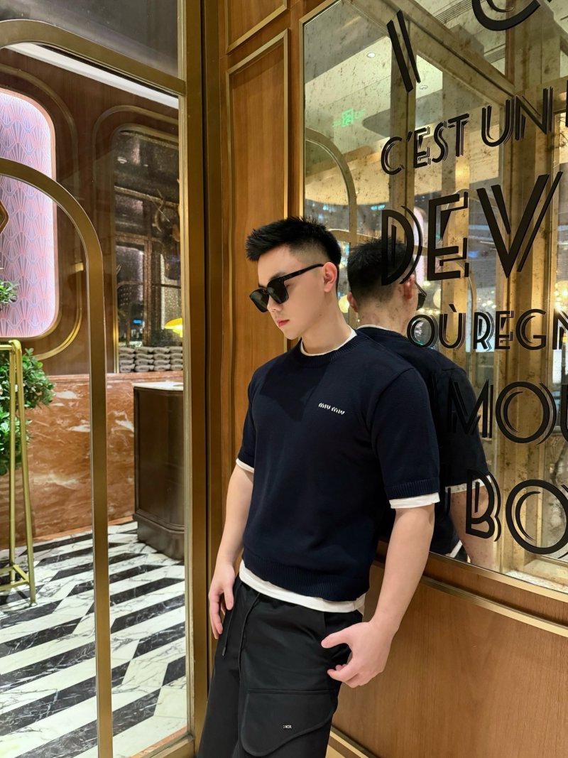 Miu Miu Navy Short Sleeve T-Shirt with White Trim view