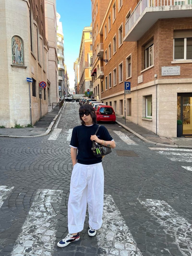 Miu Miu Navy Short Sleeve T-Shirt with White Trim view