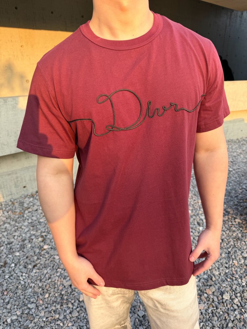 Dior Signature Script Embroidered Burgundy T-Shirt