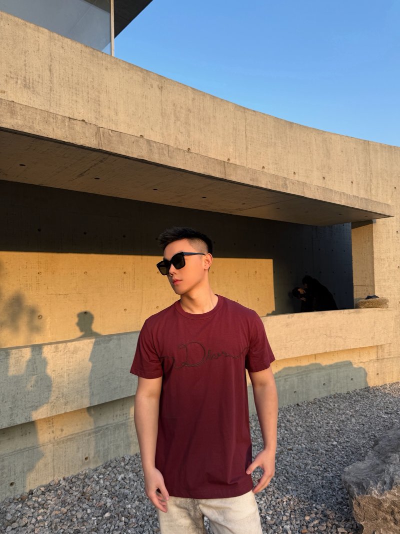 Dior Signature Script Embroidered Burgundy T-Shirt view