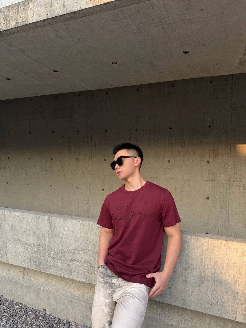 Dior Signature Script Embroidered Burgundy T-Shirt view