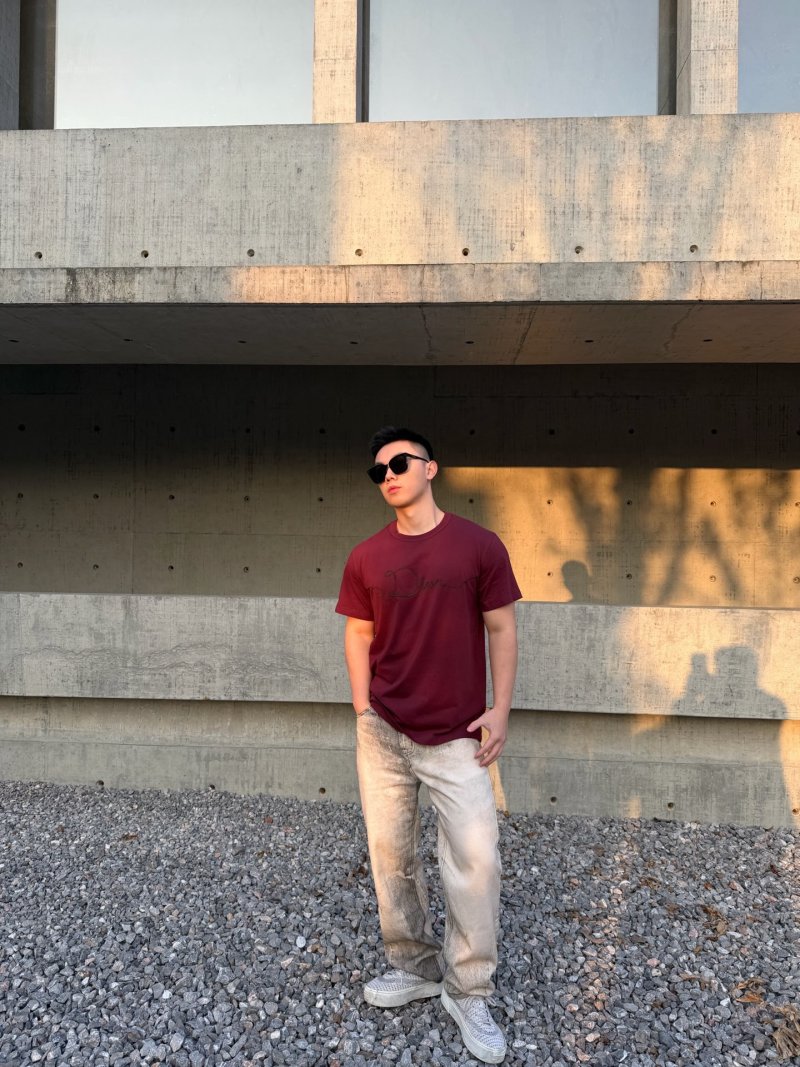 Dior Signature Script Embroidered Burgundy T-Shirt view