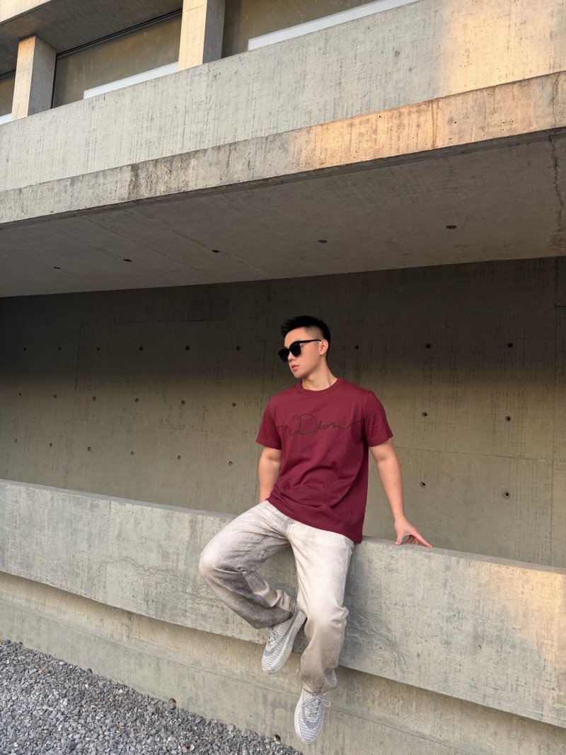Dior Signature Script Embroidered Burgundy T-Shirt view