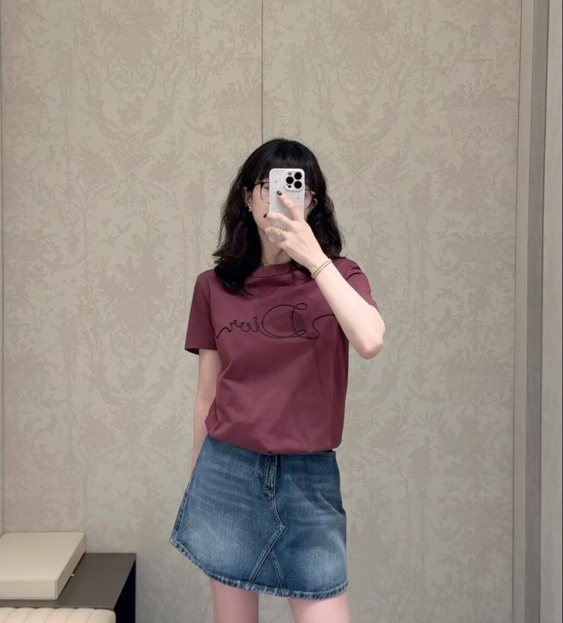 Dior Signature Script Embroidered Burgundy T-Shirt view