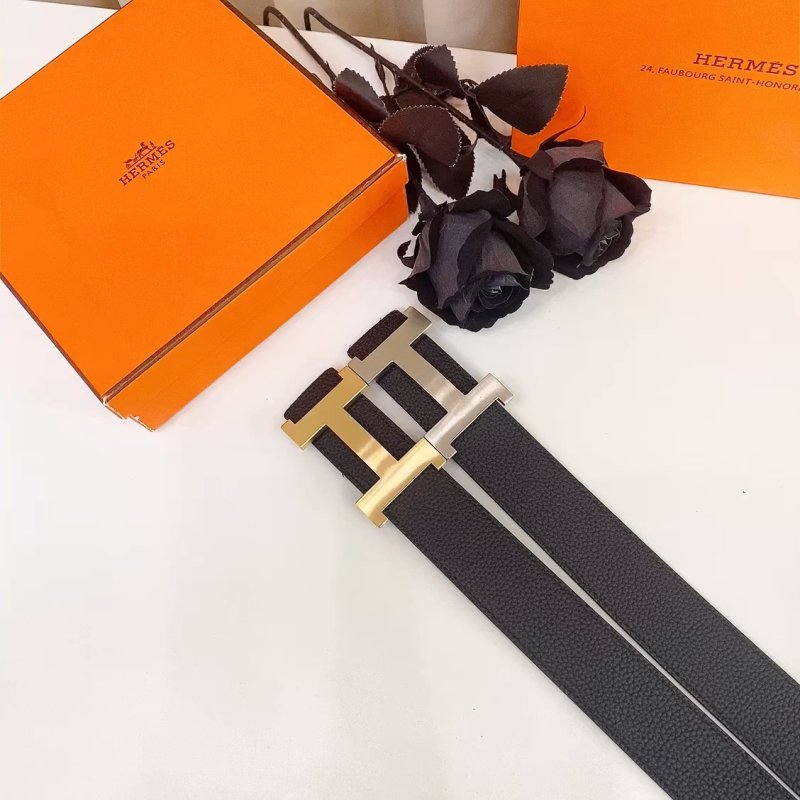 Hermès H-Buckle Leather Belt Black & Gold