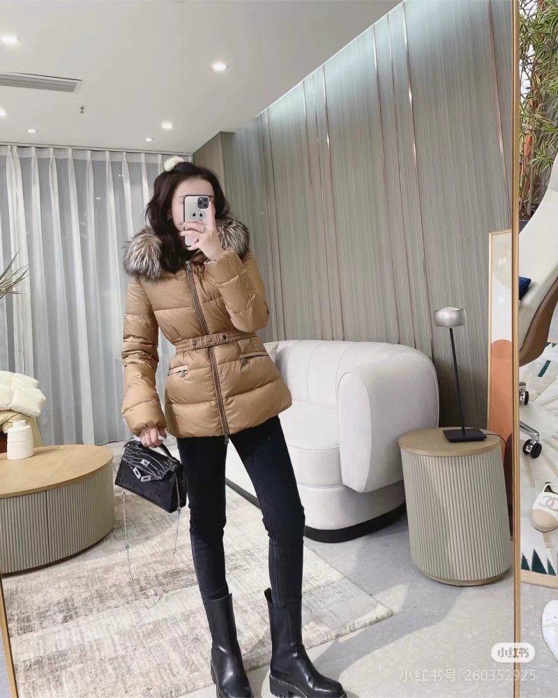 Beige Puffer Down Jacket with Cinched Waist view