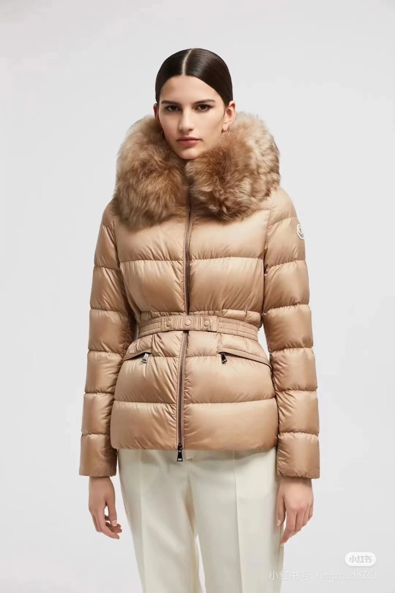Beige Puffer Down Jacket with Cinched Waist view