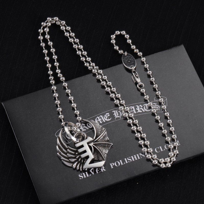 Chrome Hearts Silver Ball Chain Cross Pendant Necklace