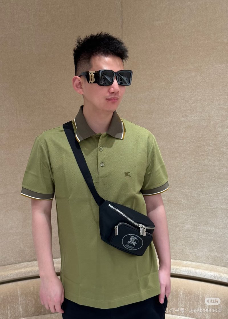 Burberry Lime Green Polo Shirt with Striped Trim