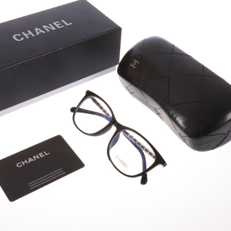 Chanel Black Quilted Rectangle Frame Sunglasses with Chain Detail