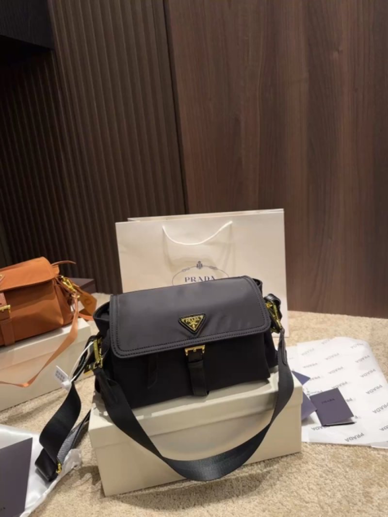 Prada Black Nylon Shoulder Bag with Gold Triangle Logo
