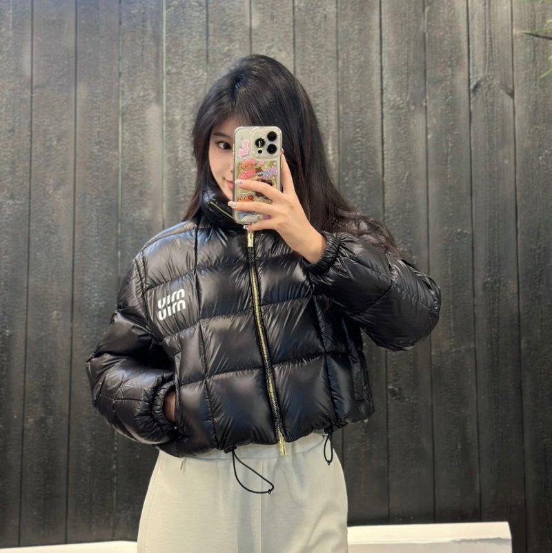Black Quilted Puffer Down Jacket with Gold Zipper