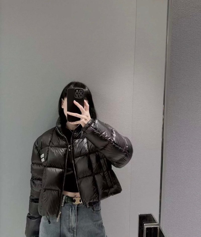 Black Quilted Puffer Down Jacket with Gold Zipper view