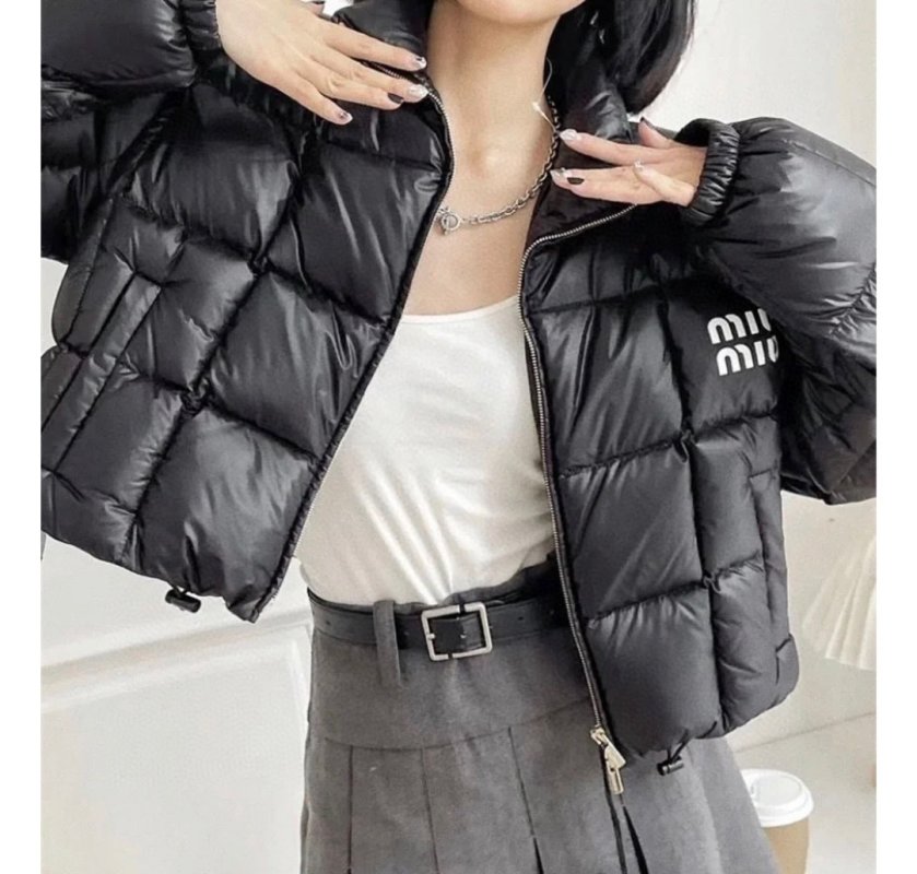 Black Quilted Puffer Down Jacket with Gold Zipper view