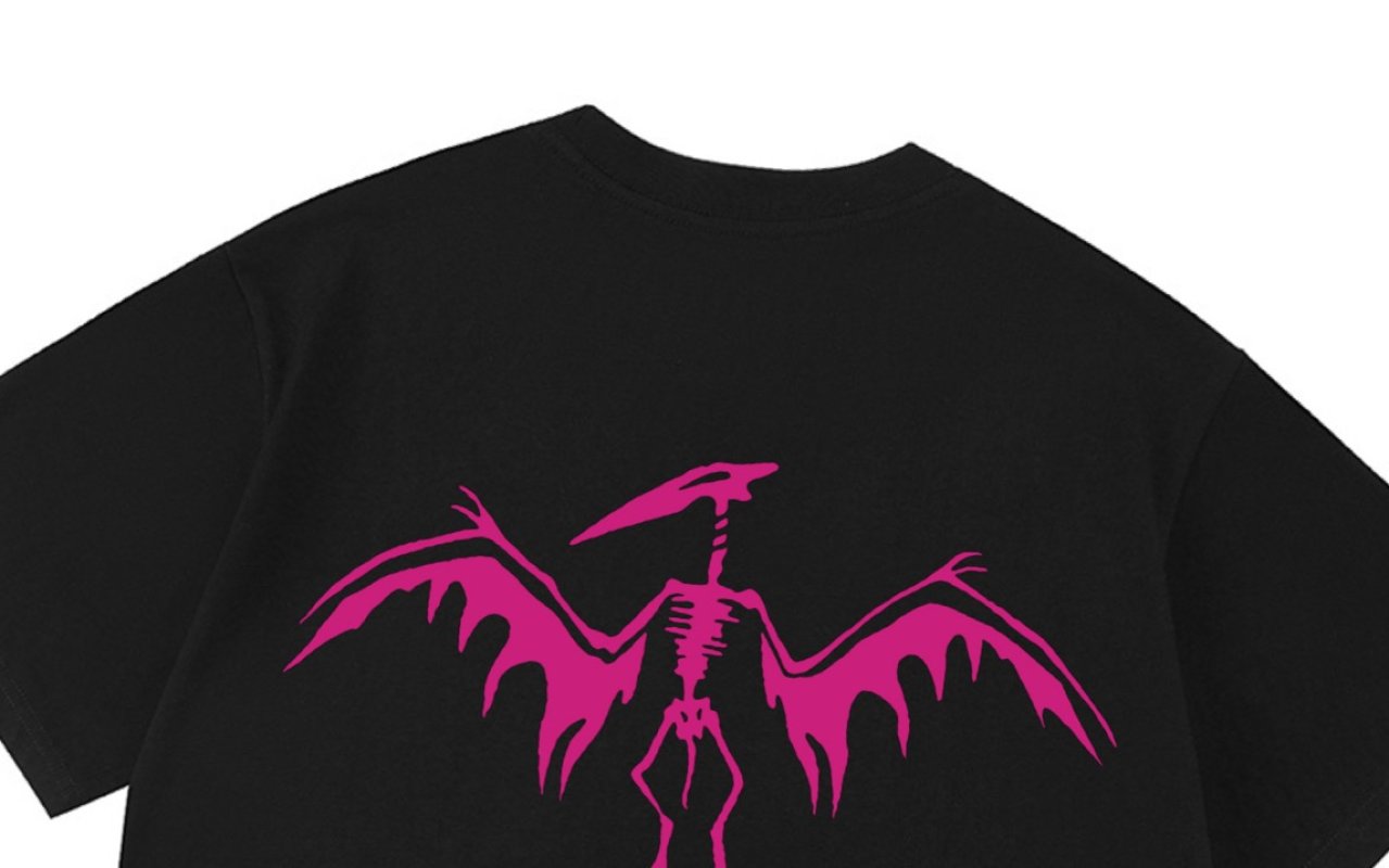 Black Oversized T-Shirt with Pink Winged Skeleton Graphic view