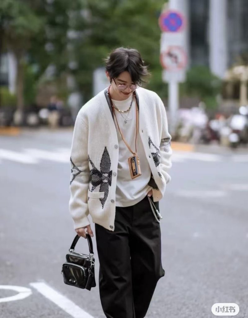Cream Wool Blend Cardigan with Black Feather Intarsia Pattern