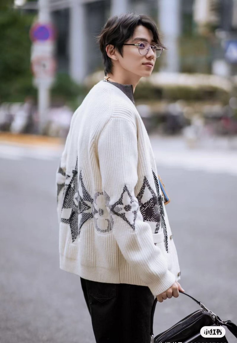 Cream Wool Blend Cardigan with Black Feather Intarsia Pattern view