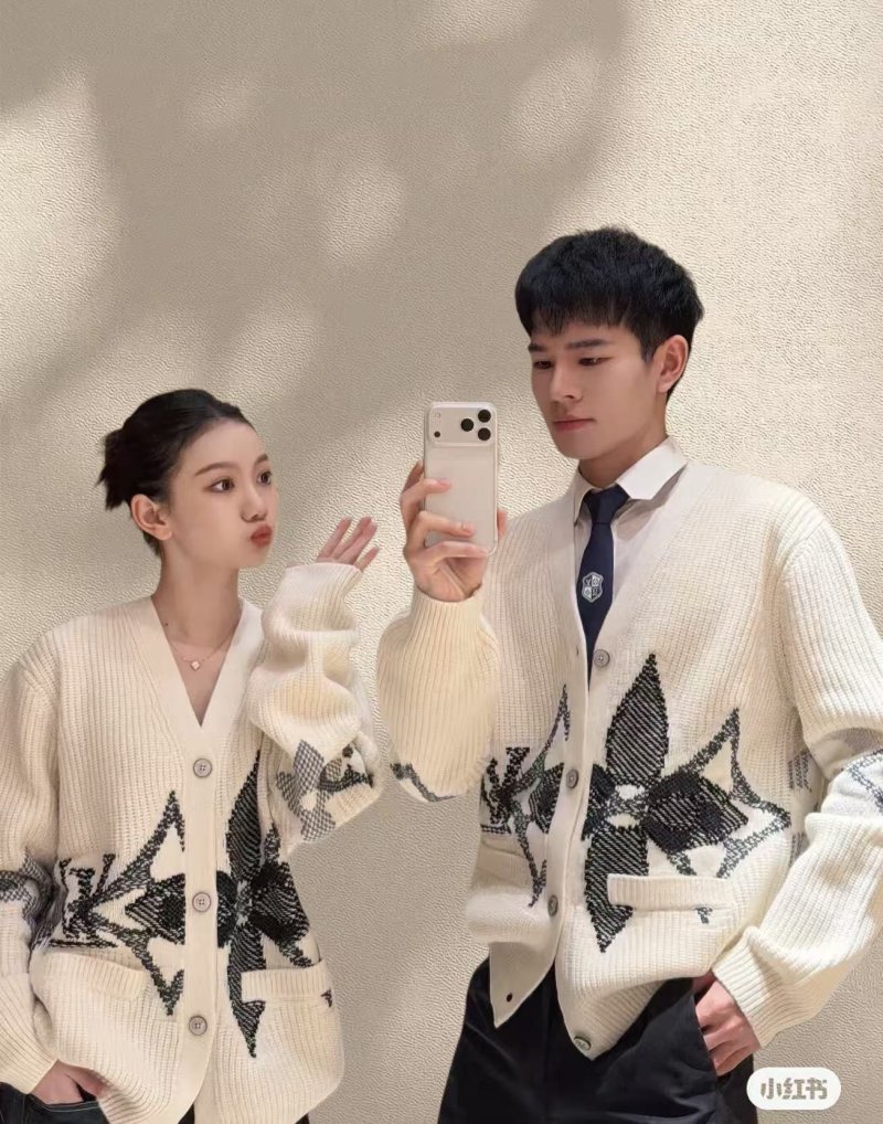 Cream Wool Blend Cardigan with Black Feather Intarsia Pattern view