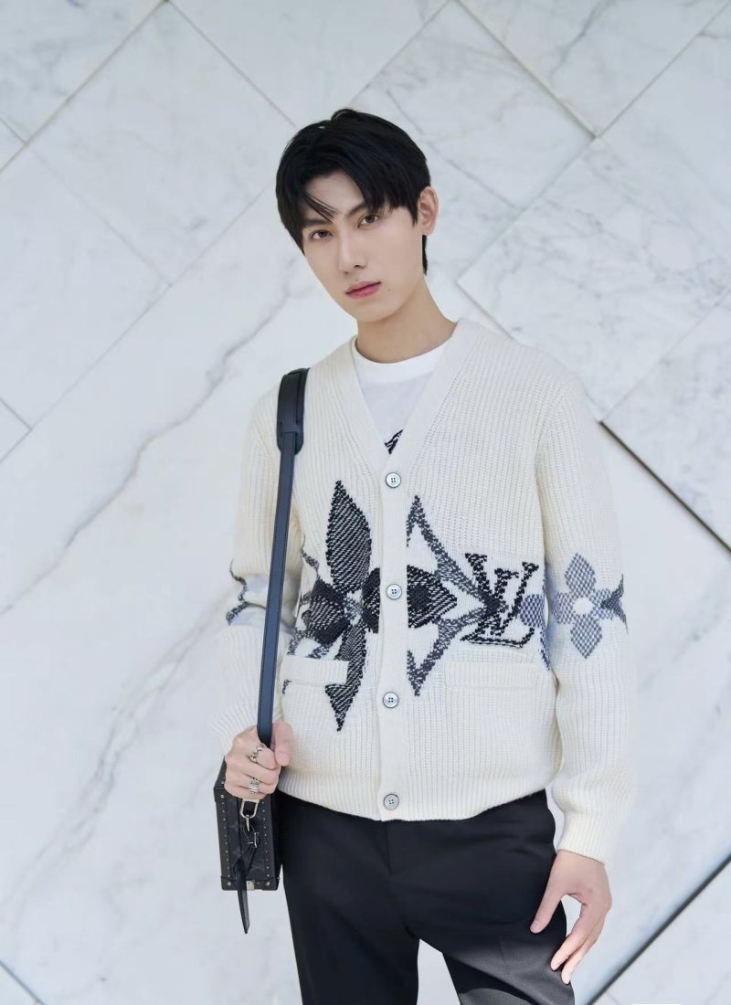 Cream Wool Blend Cardigan with Black Feather Intarsia Pattern view