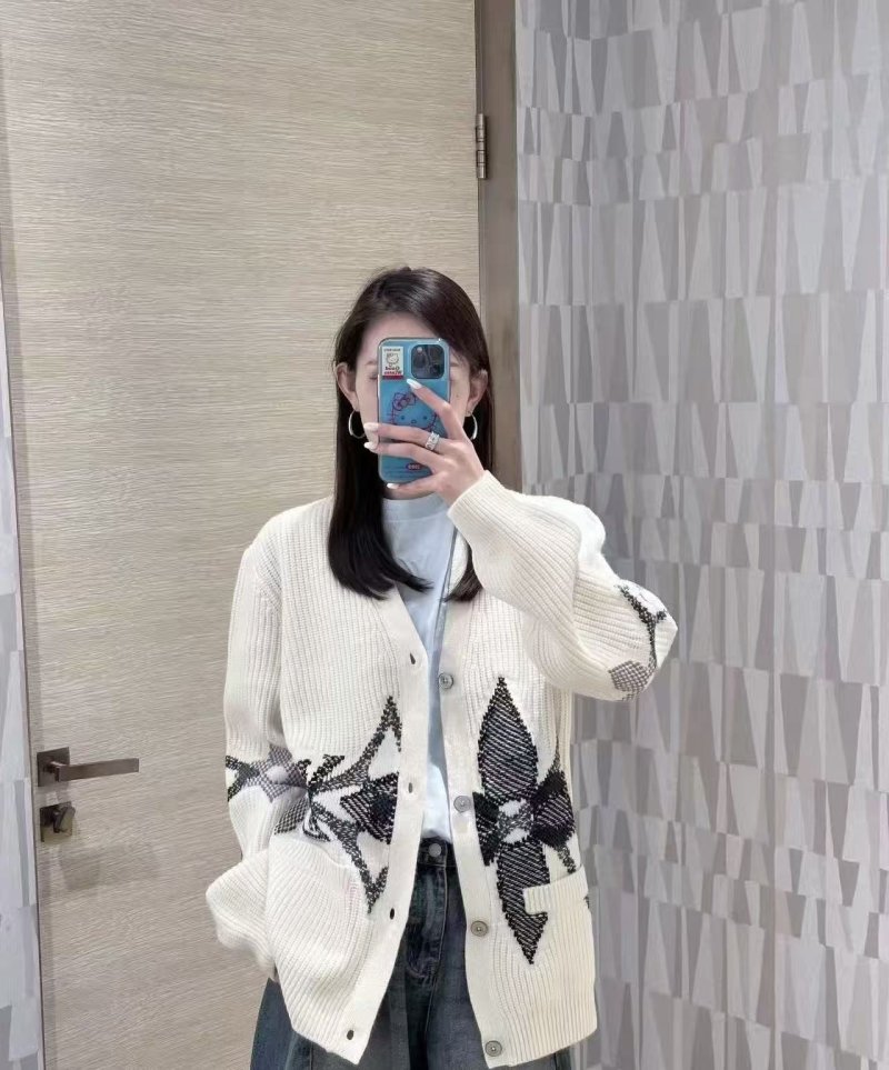 Cream Wool Blend Cardigan with Black Feather Intarsia Pattern view