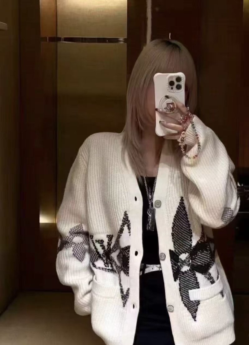 Cream Wool Blend Cardigan with Black Feather Intarsia Pattern view