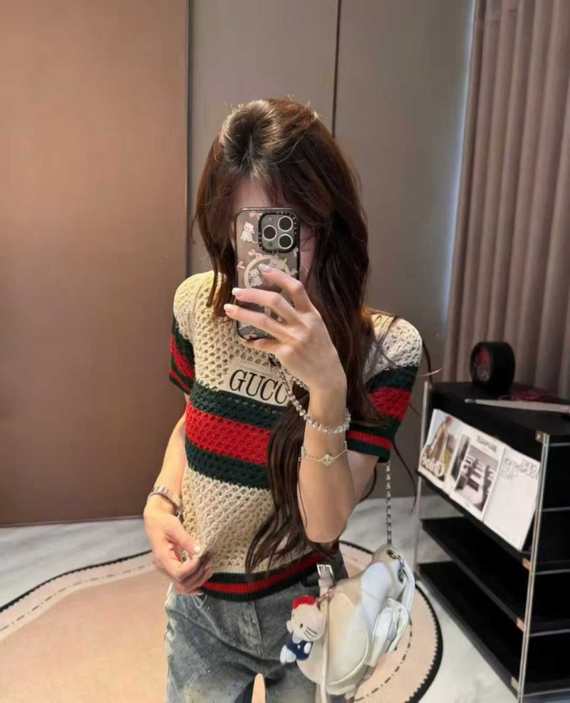 Gucci Striped Logo Knit T-Shirt Cream