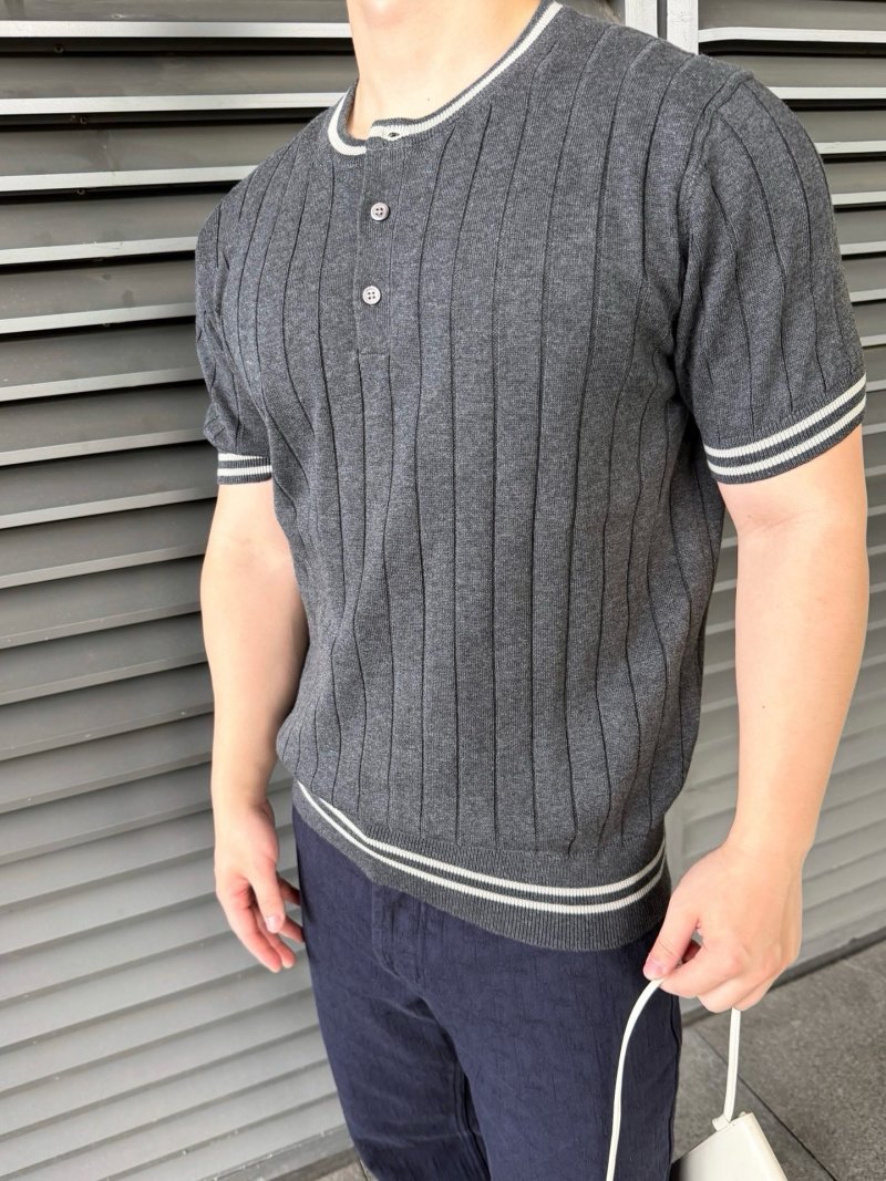 Charcoal Pinstripe Short Sleeve Henley T-Shirt