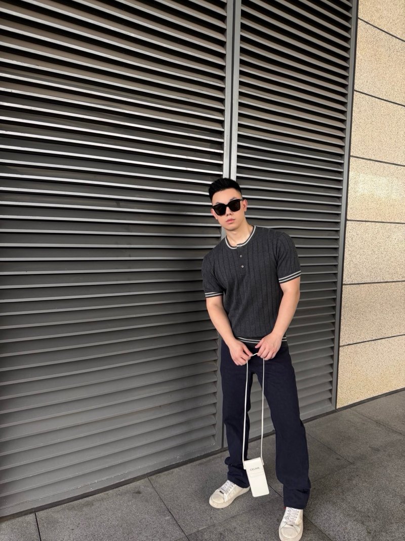 Charcoal Pinstripe Short Sleeve Henley T-Shirt view