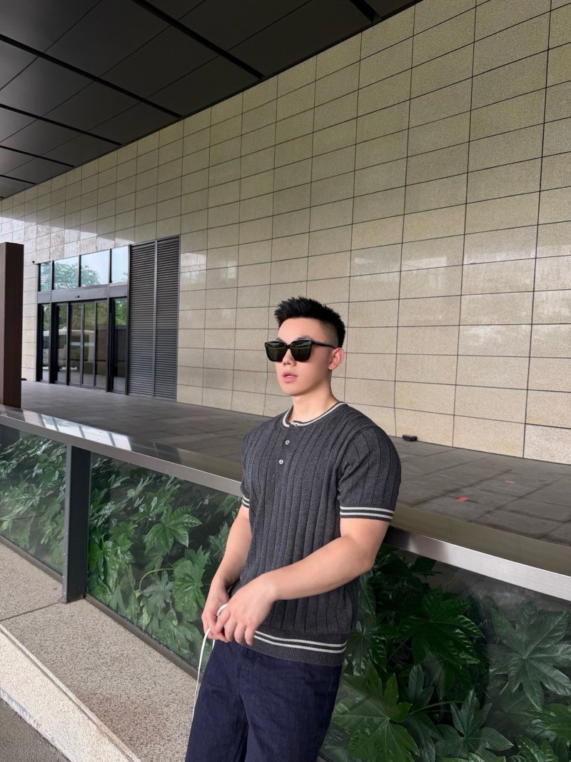 Charcoal Pinstripe Short Sleeve Henley T-Shirt view