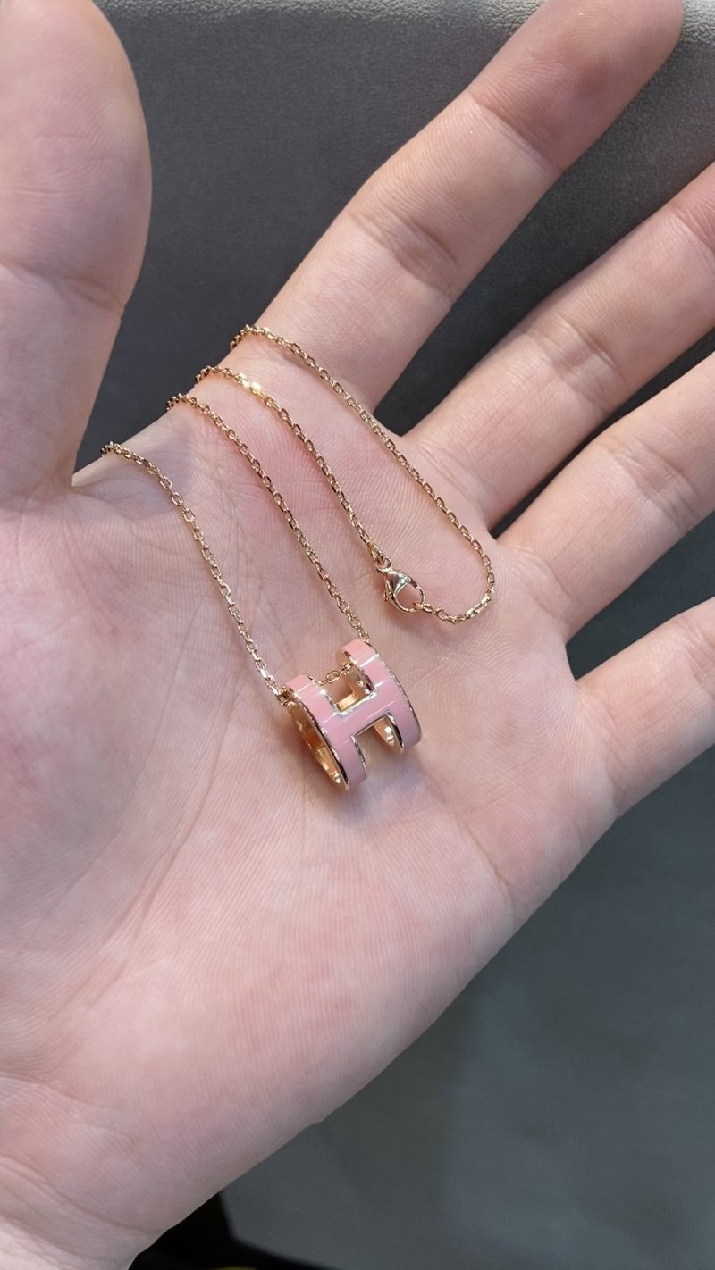 Hermès Pink Enamel H Pendant Necklace Rose Gold