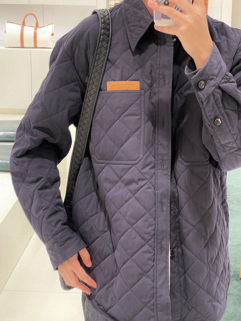 Navy Quilted Puffer Jacket with Leather Trim