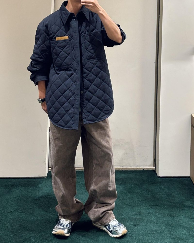 Navy Quilted Puffer Jacket with Leather Trim view