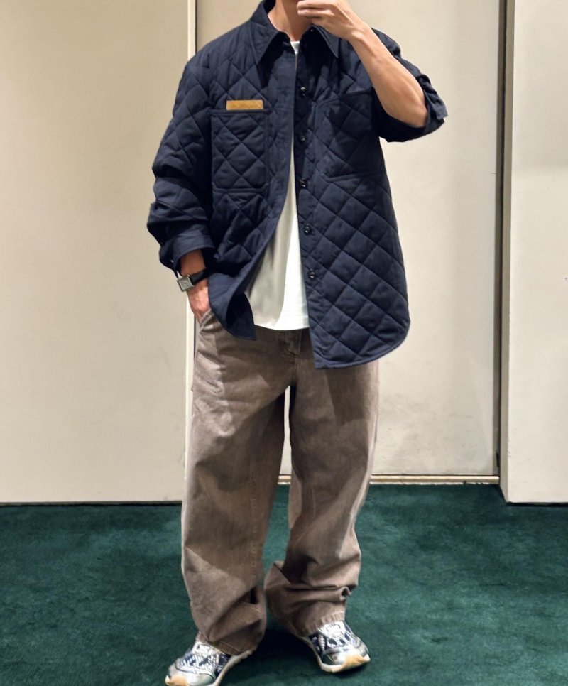 Navy Quilted Puffer Jacket with Leather Trim view