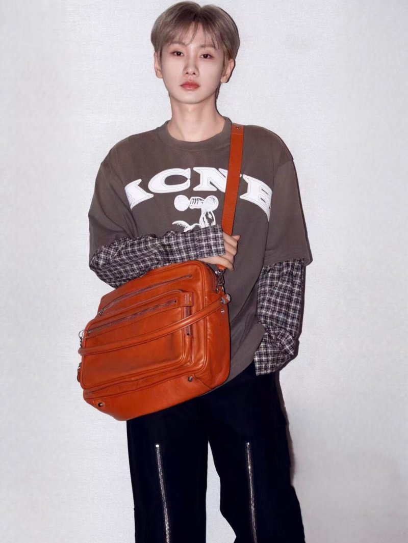 Brown Graphic Print Long Sleeve T-Shirt with Plaid Sleeve Detail