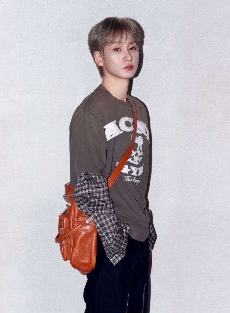 Brown Graphic Print Long Sleeve T-Shirt with Plaid Sleeve Detail view