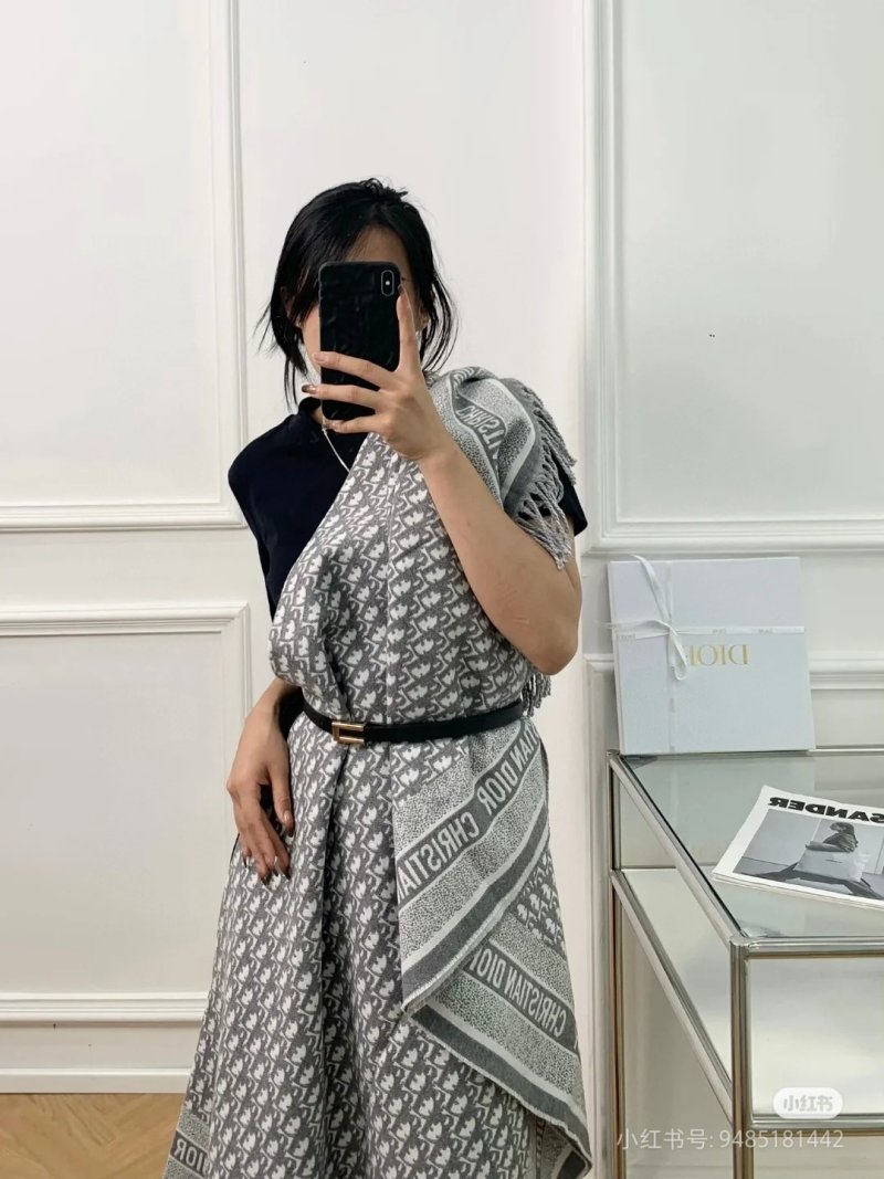 Dior CD Monogram Jacquard Wool Cashmere Shawl Wrap Grey view