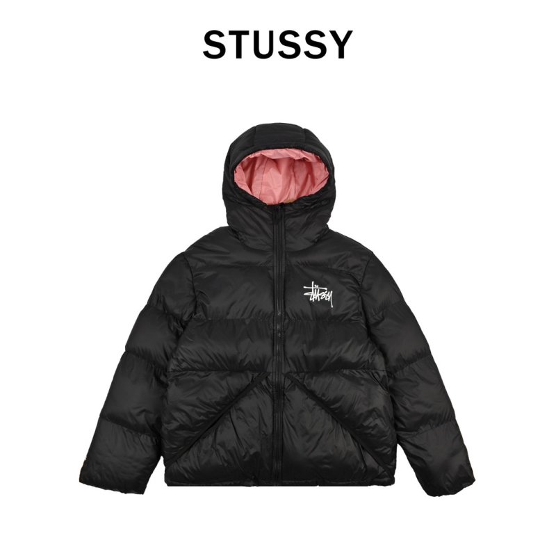 Stüssy Black Puffer Jacket with Pink Hood Lining view