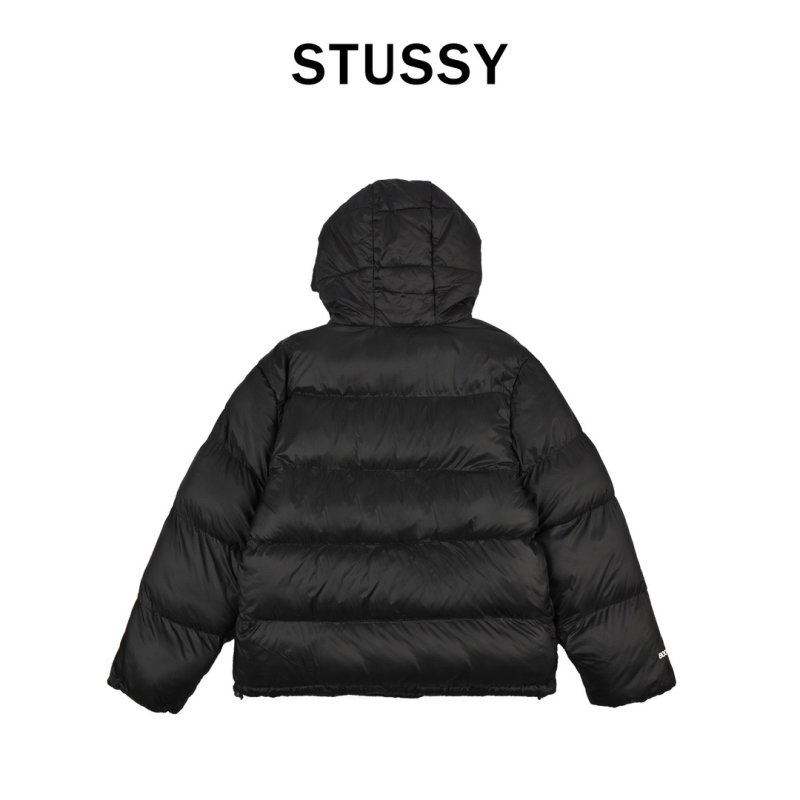Stüssy Black Puffer Jacket with Pink Hood Lining view