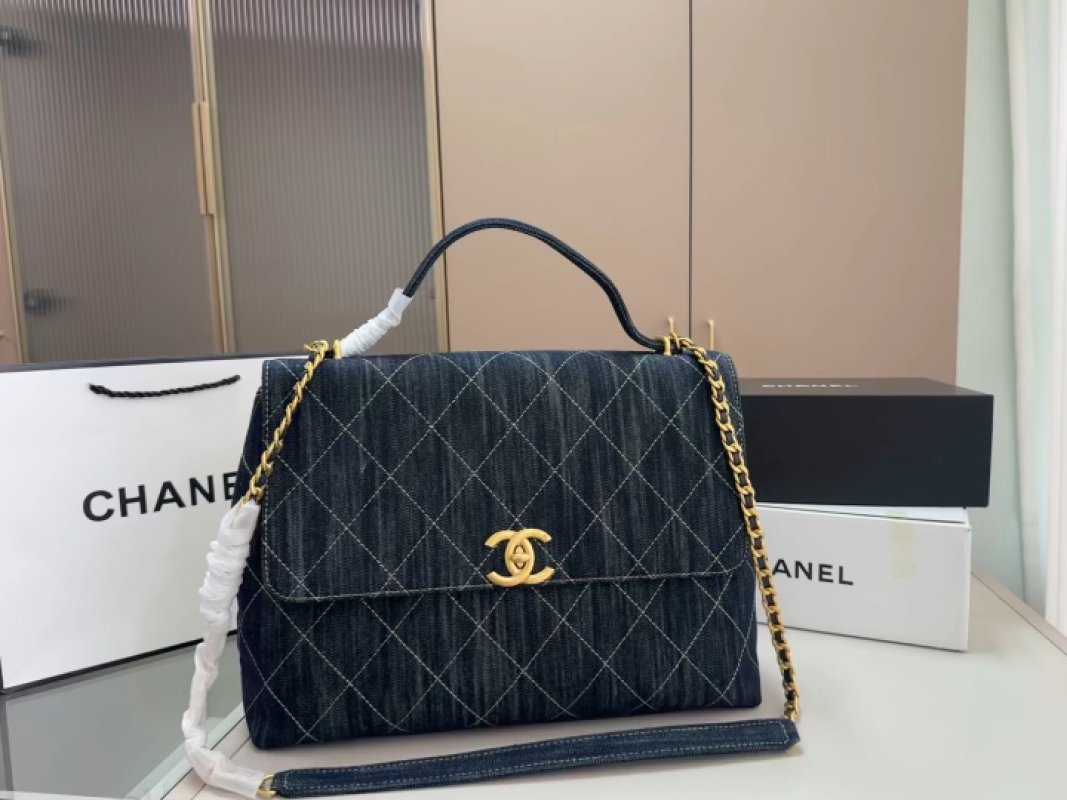 Chanel CC Quilted Top Handle Bag Black Denim